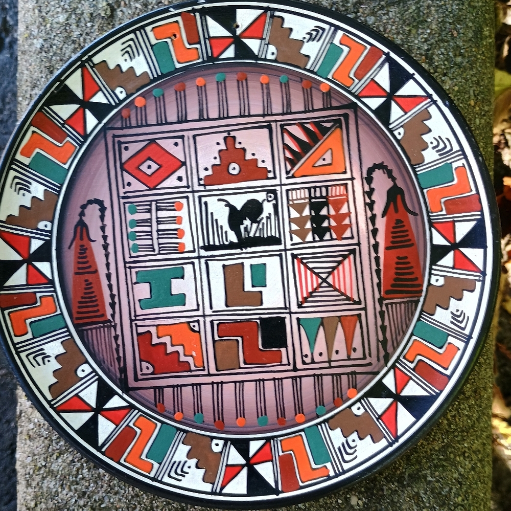 Vintage Peruvian hand-painted wood tribal dish, painted Peruvian wall decor